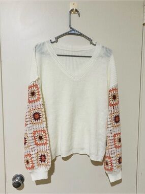 Crochet Patchwork Granny Square Sleeves White Sweater size L SHEIN